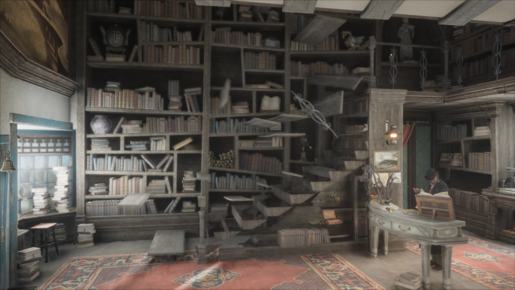 Летающие книги кружат в библиотеке с лестницей