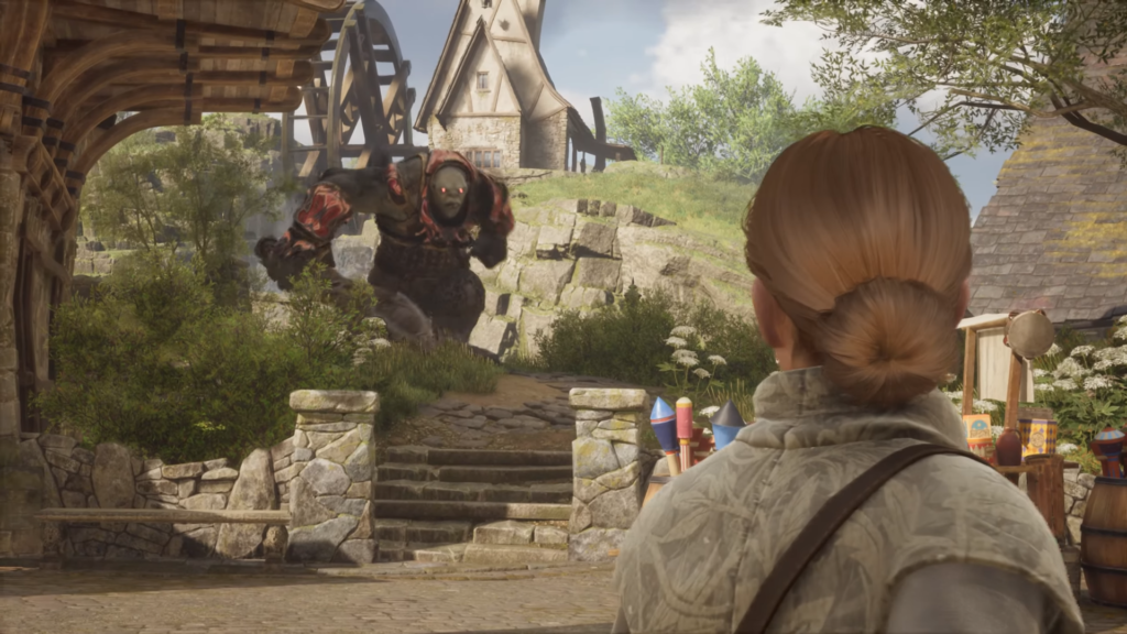 Огр бежит к женщине в деревне у мельницы