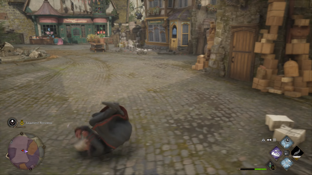 Персонаж кувыркается на площади Хогсмида в Hogwarts Legacy