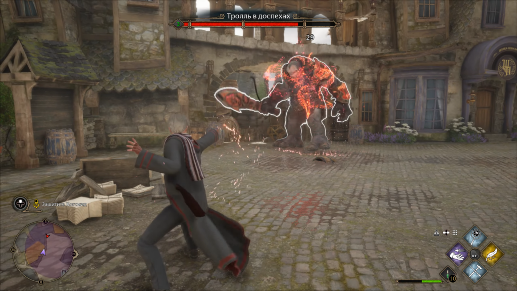 В Hogwarts Legacy волшебник атакует тролля на площади