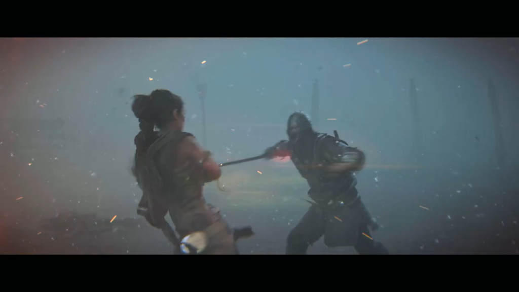 Два бойца сражаются мечами в тумане