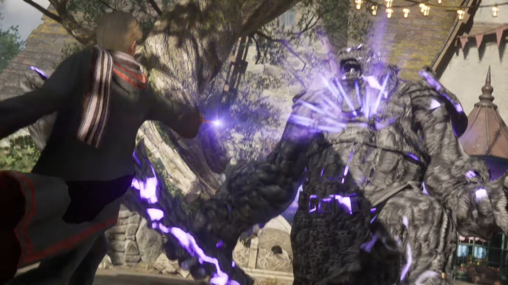 Волшебник атакует каменного тролля фиолетовой магией во дворе