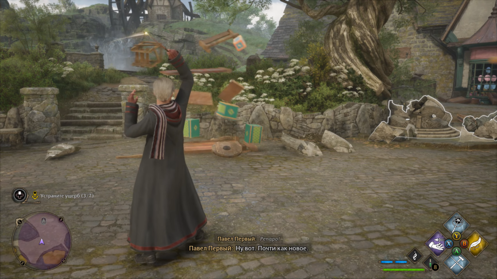 Ученик Hogwarts Legacy чинит разрушенную стену заклинанием Reparо