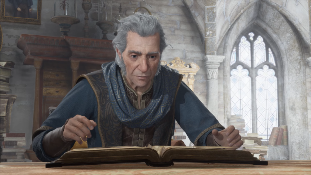 Профессор Фиг читает книгу в Хогвартсе Hogwarts Legacy