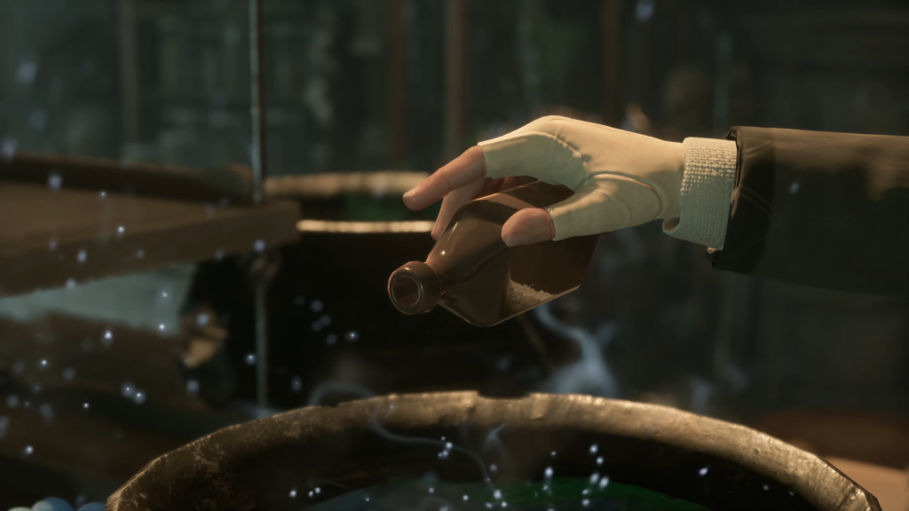 Рука в белой перчатке держит бутылку над котлом