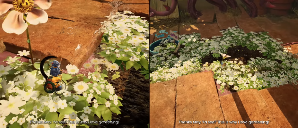 Коди из It Takes Two поливает цветы в саду