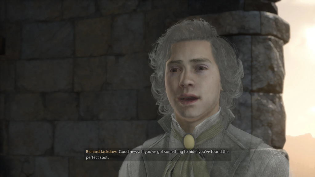 Ричард Джекдо говорит у каменной стены Hogwarts Legacy