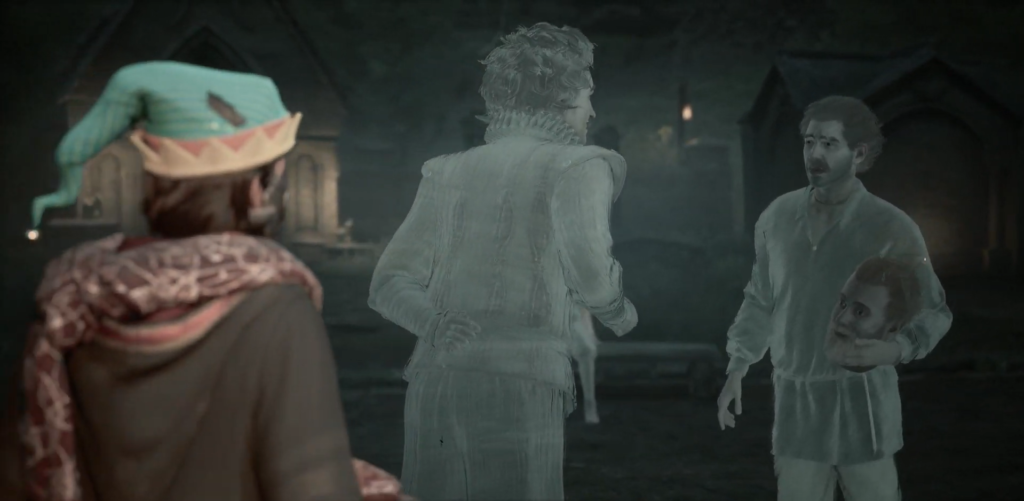 Призраки разговаривают в тёмном зале, игрок наблюдает