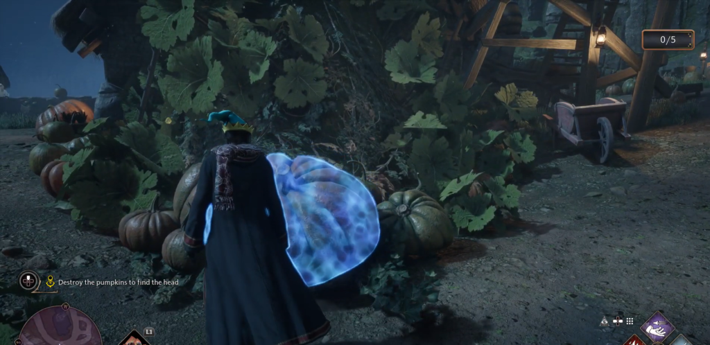 Волшебник разрушает тыквы у хижины ночью