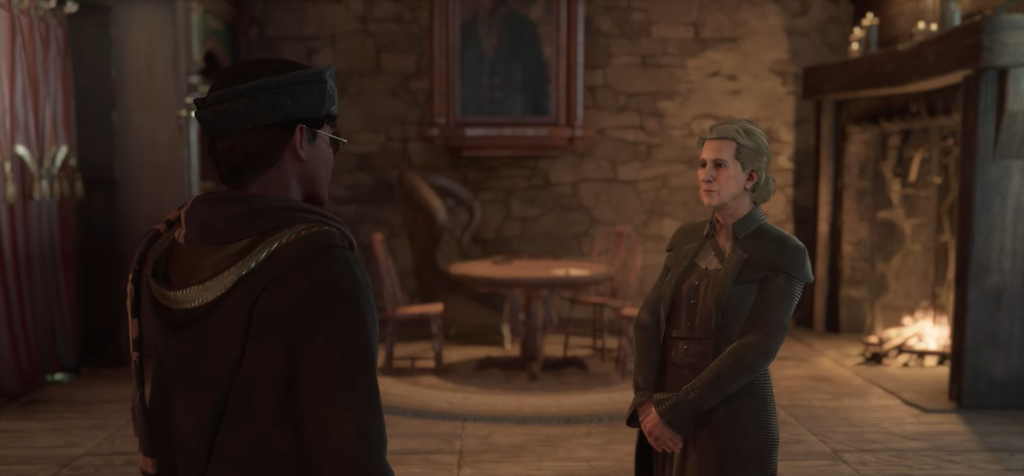 Персонажи разговаривают в каменном зале у камина