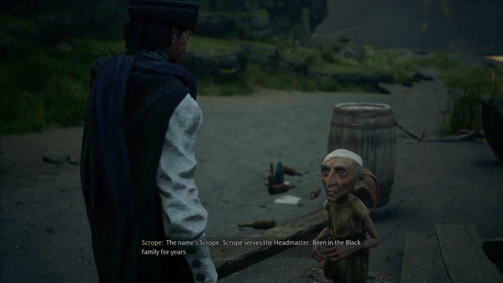 Скоп из Hogwarts Legacy разговаривает с волшебником у бочки