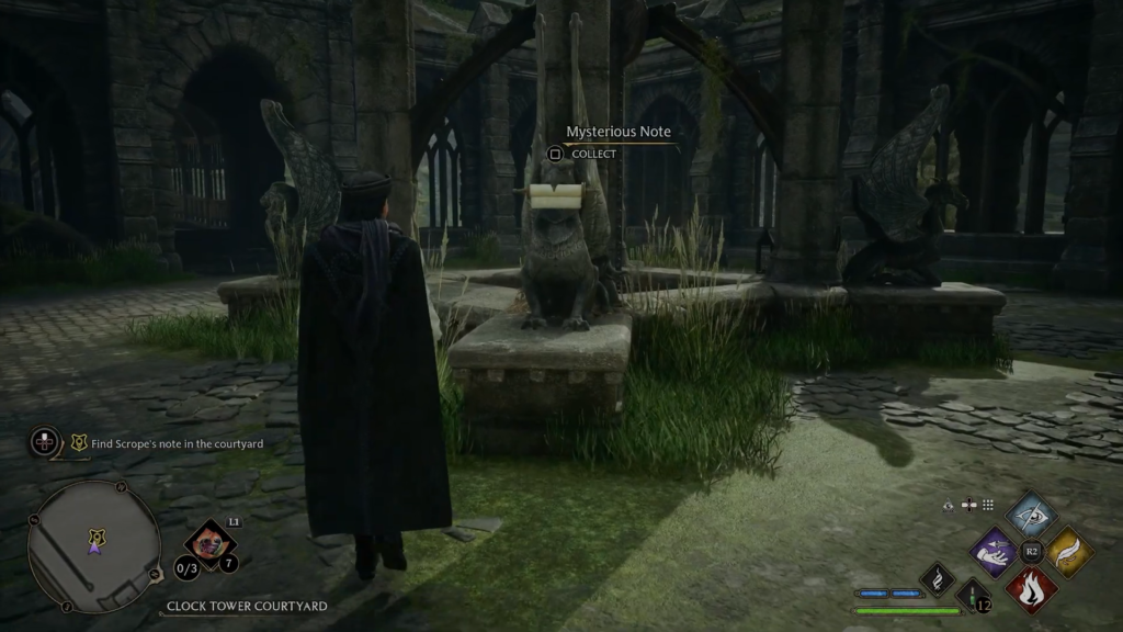 Персонаж Hogwarts Legacy собирает записку во дворе замка