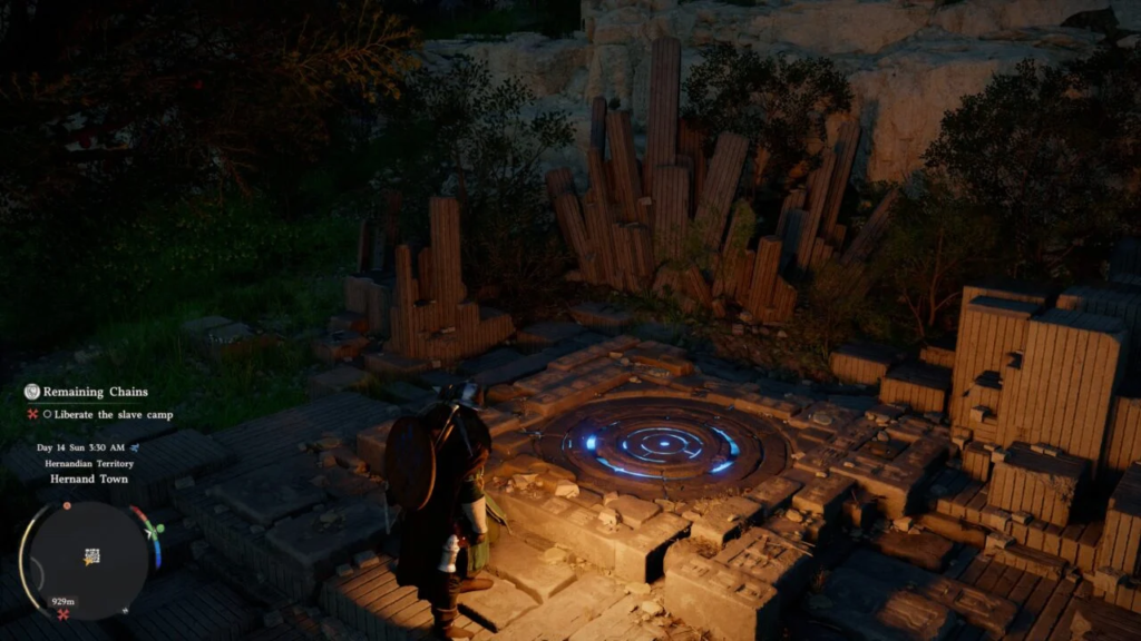 Персонаж стоит у синего портала среди руин