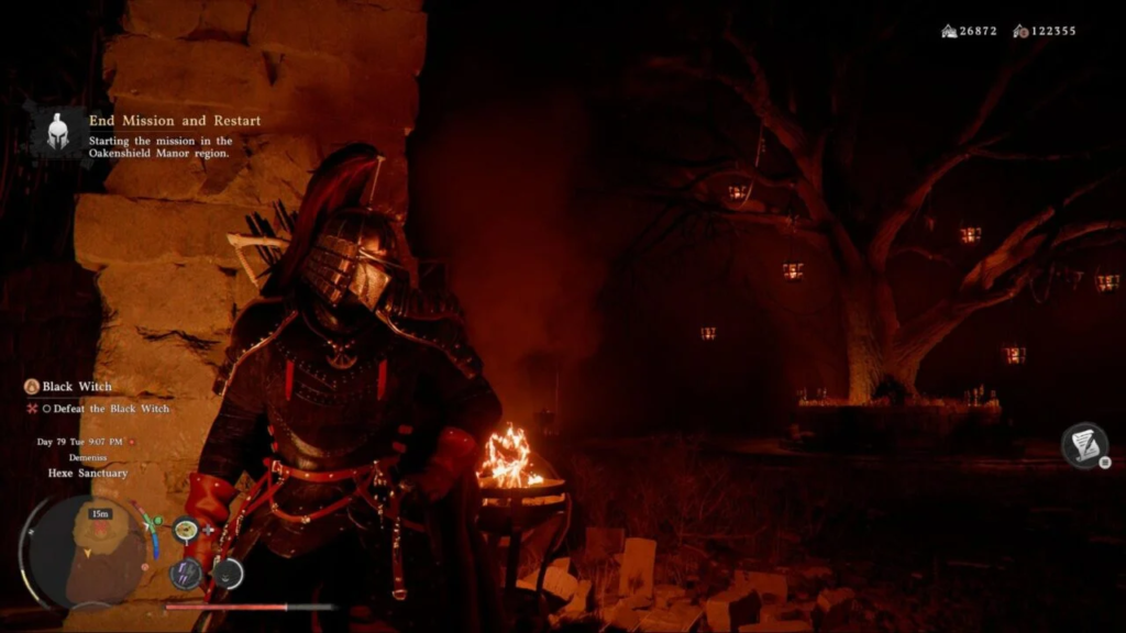 Самурай в доспехах стоит у костра ночью