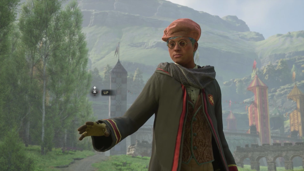 Персонаж Hogwarts Legacy протягивает руку на фоне замка