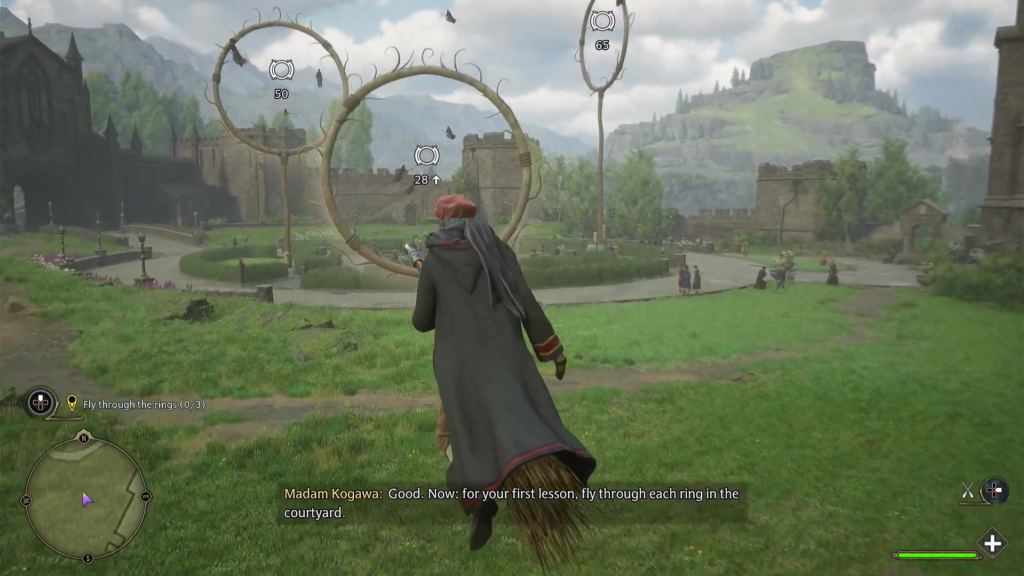 Ученик летит на метле через кольца Хогвартса Legacy