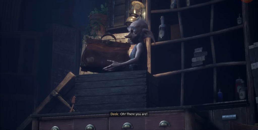 Дик в Hogwarts Legacy держит чемодан в лавке