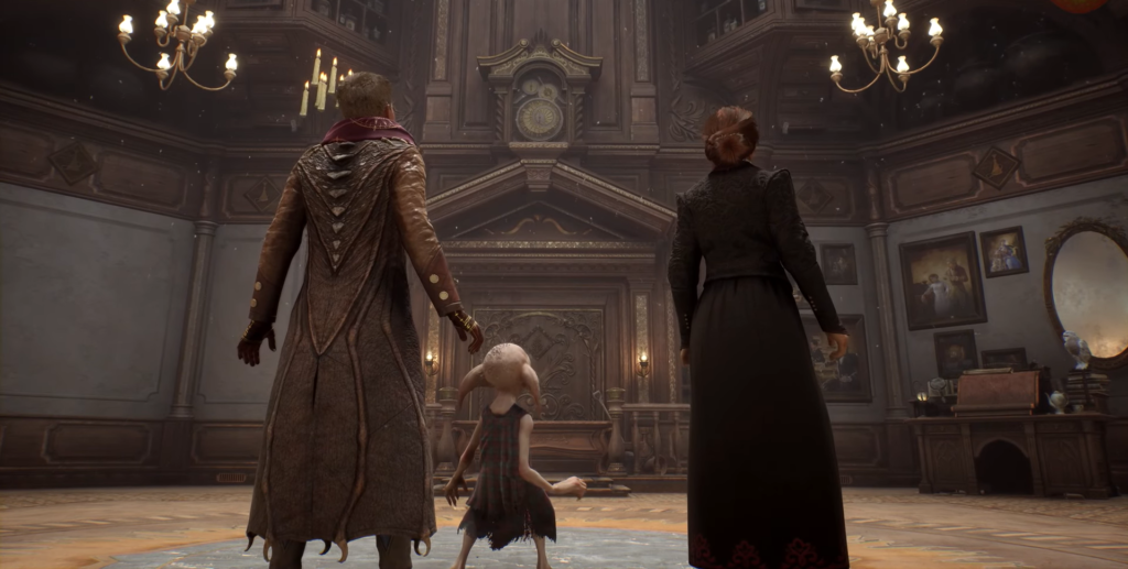 Персонажи Hogwarts Legacy стоят в зале Хогвартса