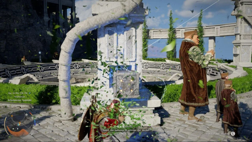 Персонаж вставляет батареи в устройство у руин