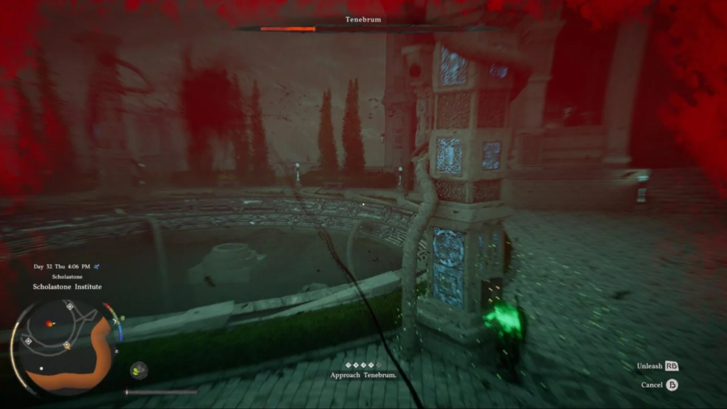 Игрок приближается к Tenebrum у фонтана Scholastone Institute