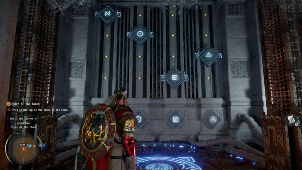 Воин решает рунную головоломку у каменной решётки