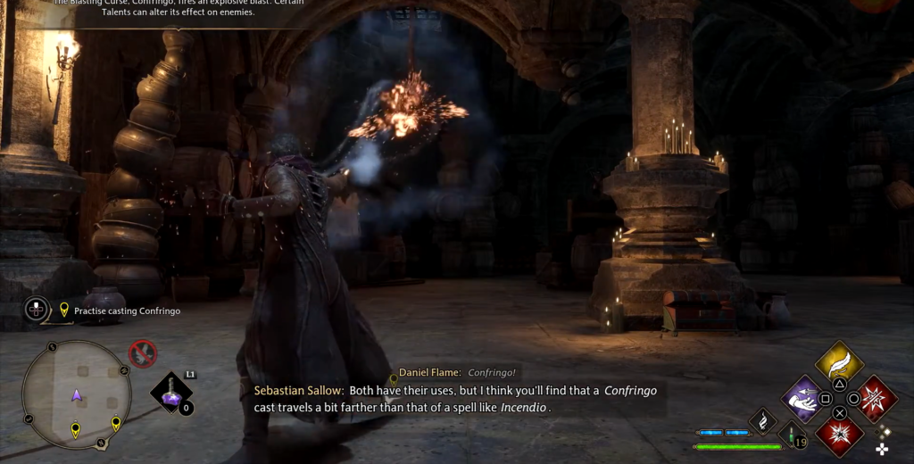 Волшебник кастует Конфринго в подземелье Hogwarts Legacy