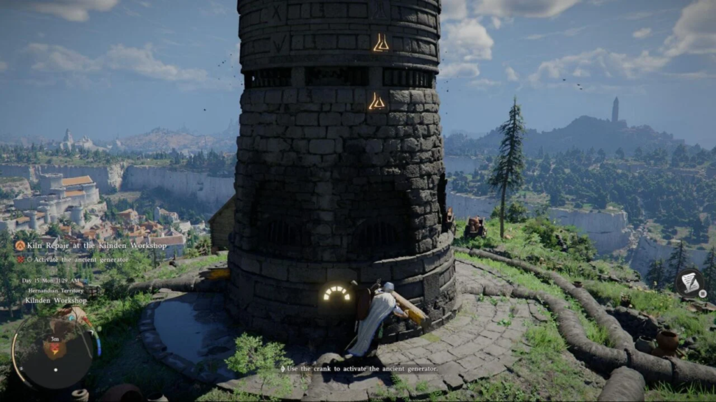 Персонаж крутит рычаг у каменной башни на холме