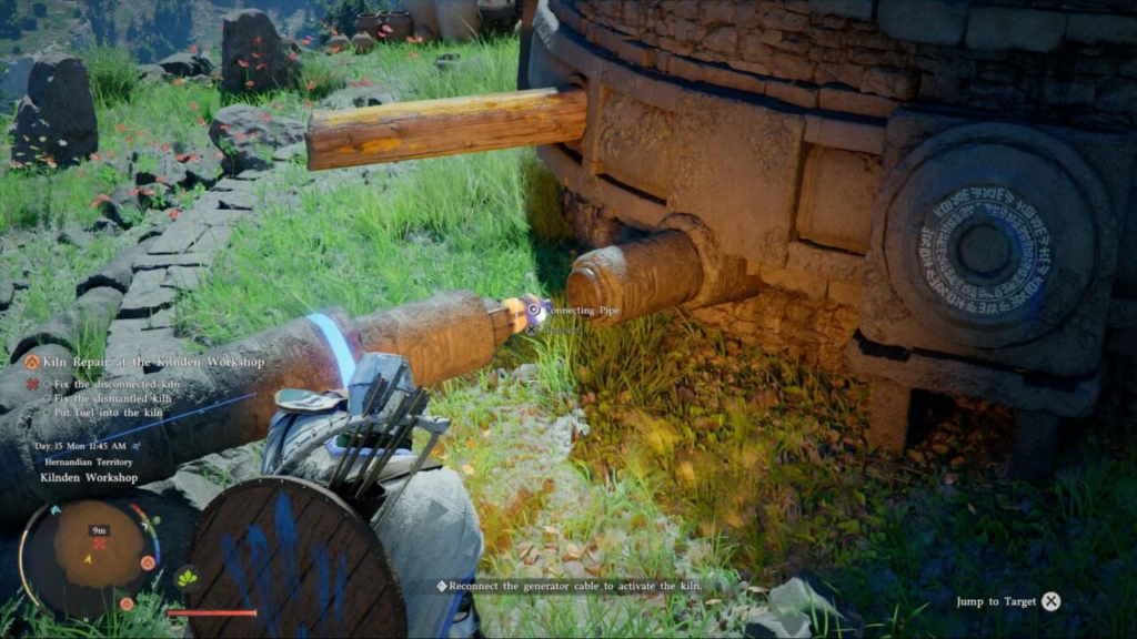 Персонаж подключает трубу к печи в мастерской