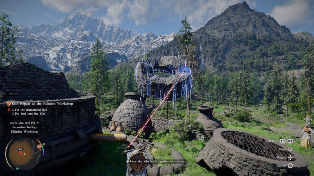 Игрок целится лучом в печь среди гор