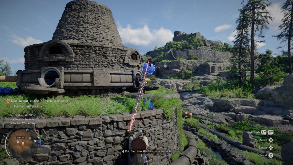 Персонаж целится магией в каменную печь на улице