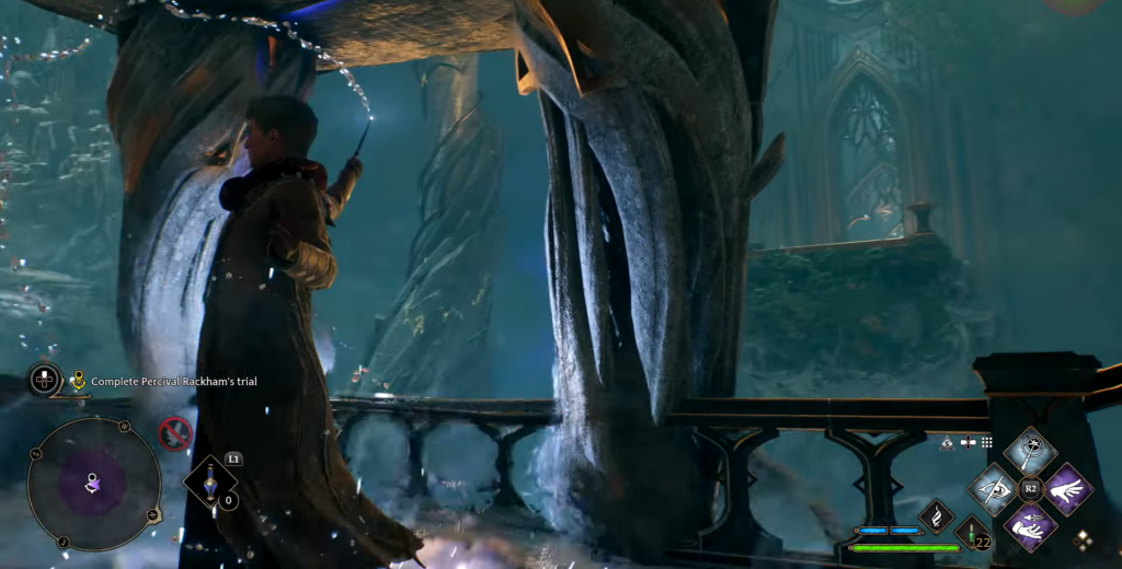 Персонаж Hogwarts Legacy колдует на мосту в замке