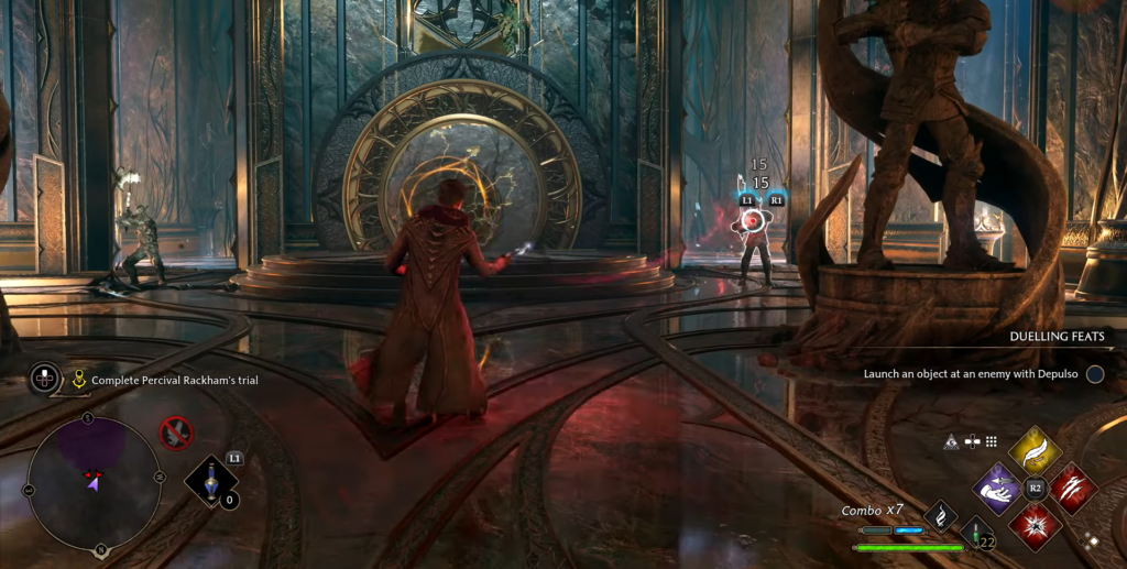 Волшебник сражается в испытании Персиваля Рэкхэма Hogwarts Legacy