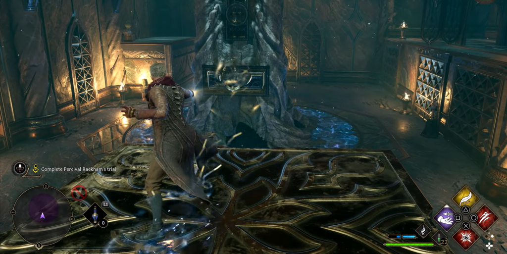 Персонаж Hogwarts Legacy применяет заклинание в подземелье