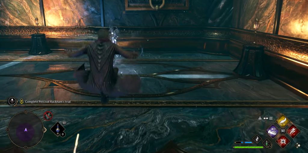 Персонаж прыгает в зале испытаний Hogwarts Legacy