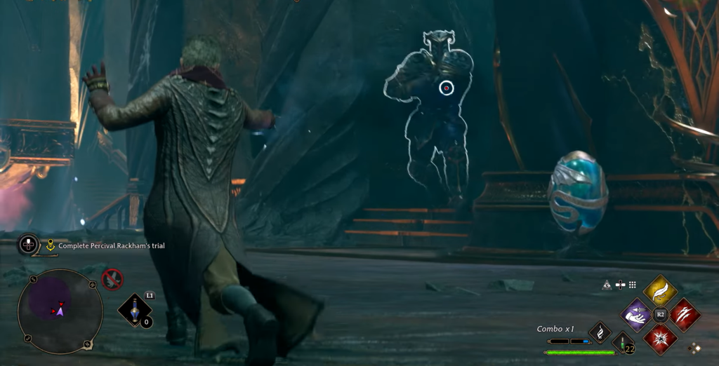 Персонаж атакует врага в Hogwarts Legacy в зале