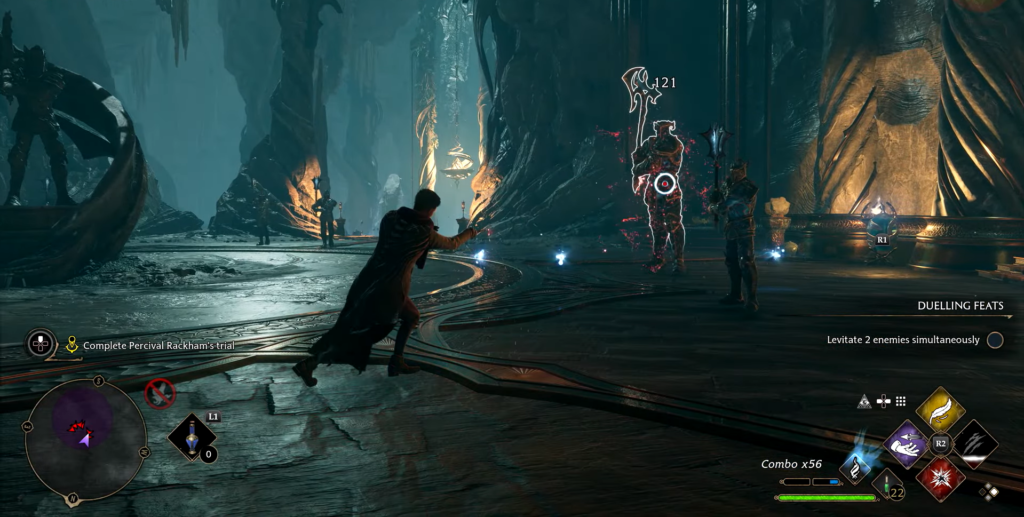 Волшебник применяет левитацию в бою в Hogwarts Legacy