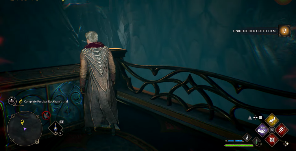 Персонаж Hogwarts Legacy стоит на балконе в пещере