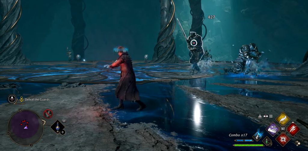 Волшебник атакует стражей в синей арене Hogwarts Legacy