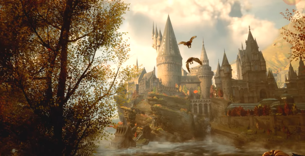 Замок Хогвартс, над башнями летят птицы