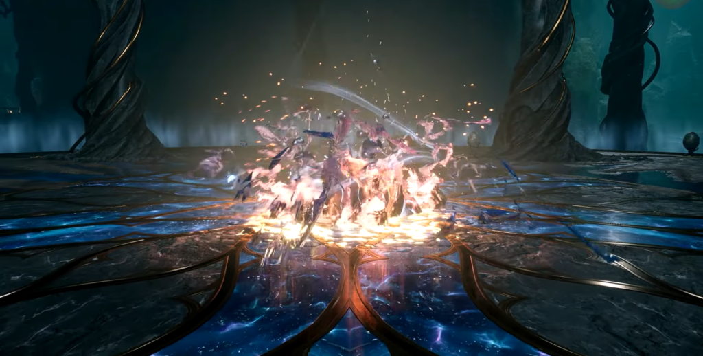 Воин наносит удар мечом на магической арене