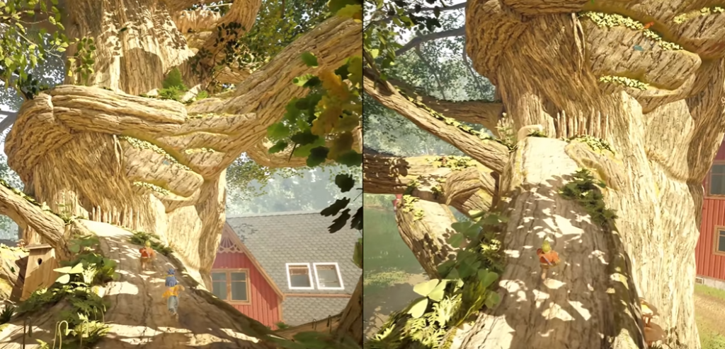 Два персонажа карабкаются по дереву возле дома
