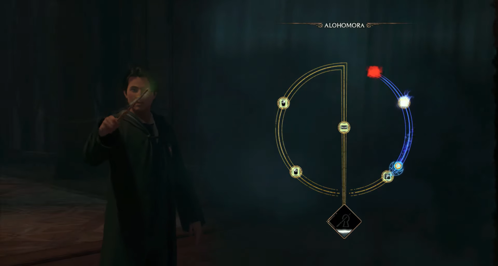 Ученик Hogwarts Legacy применяет Алохомора в замке