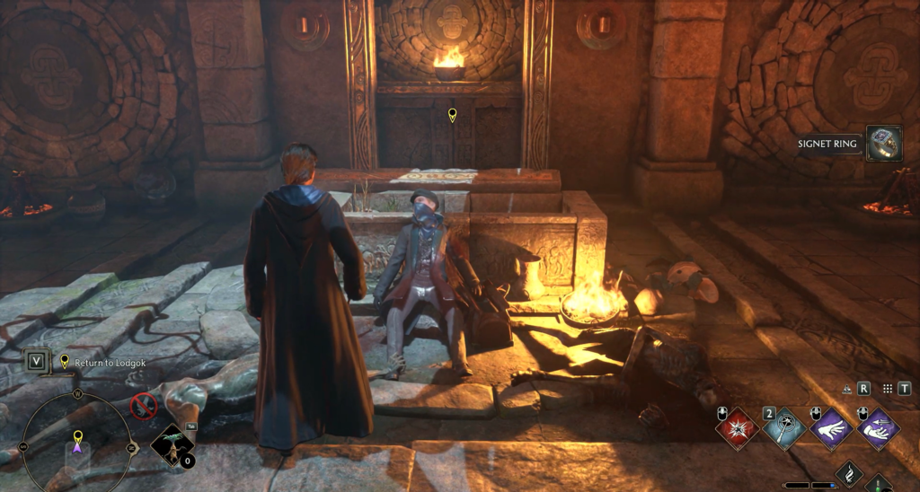 Персонаж Hogwarts Legacy стоит в каменной гробнице у костра