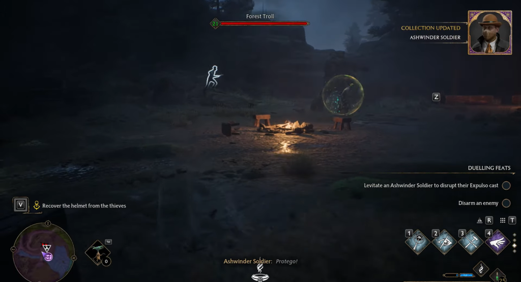 Лагерь с костром в Hogwarts Legacy ночью