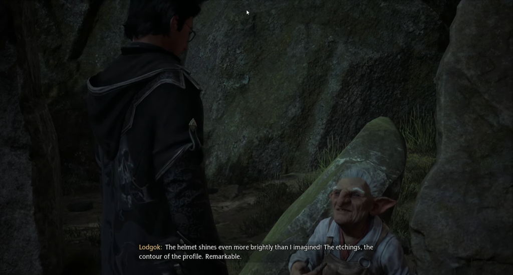 Лодгок разговаривает с волшебником у скалы в Hogwarts Legacy