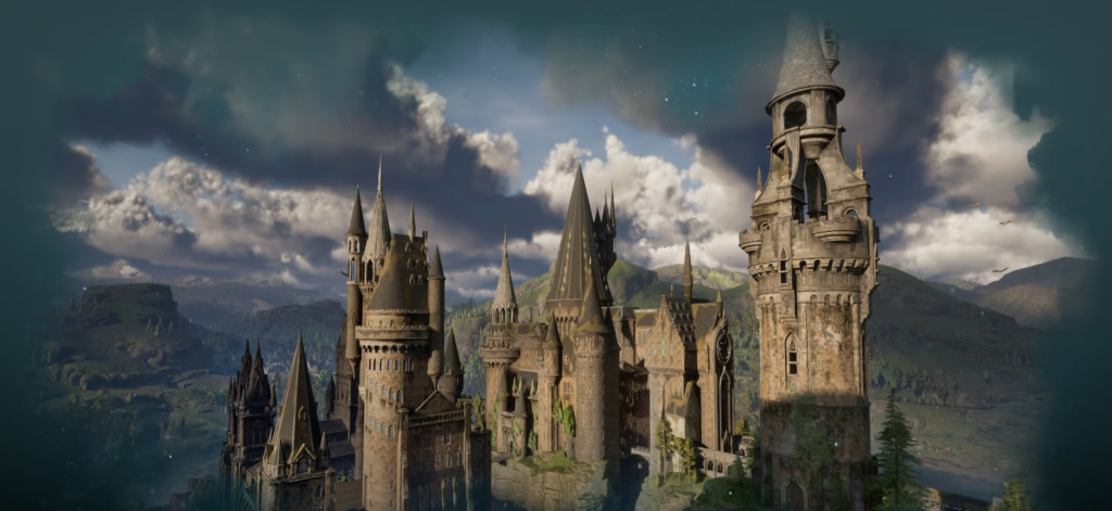 Замок Хогвартс возвышается над горами под облаками