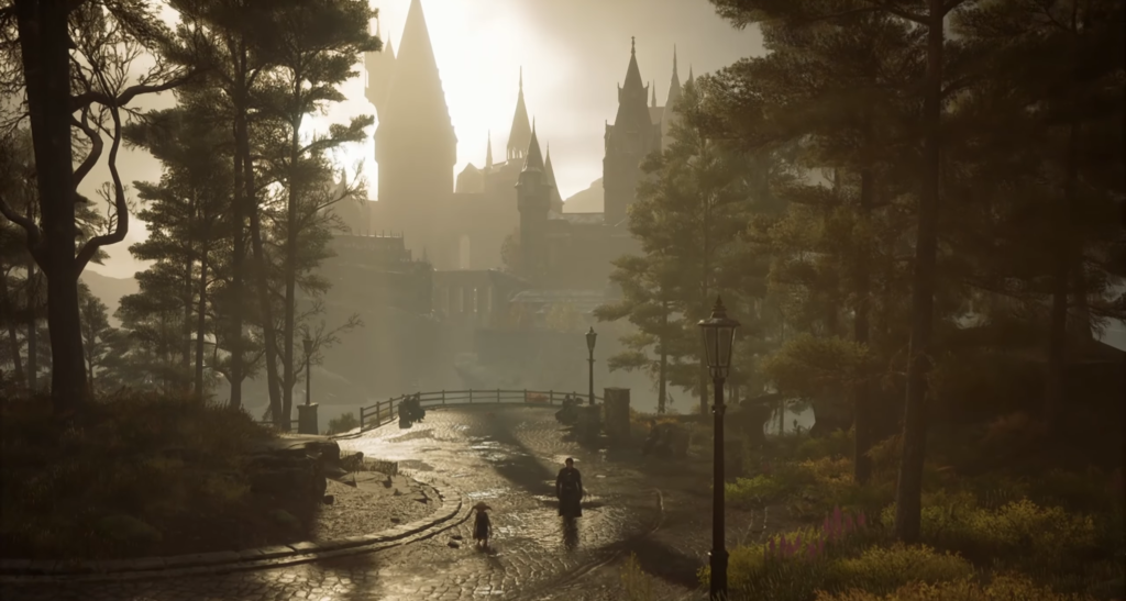 Путник идет по дороге к замку Хогвартс