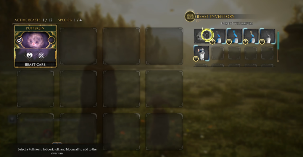 Меню инвентаря зверей Hogwarts Legacy в лесном виварии