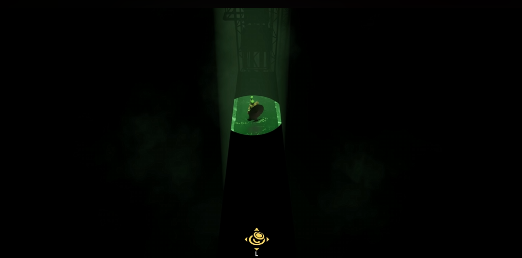 Персонаж стоит на зелёной платформе в темноте