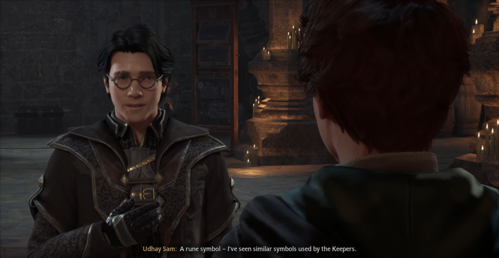 Удхай Сам говорит с учеником в Хогвартсе Legacy